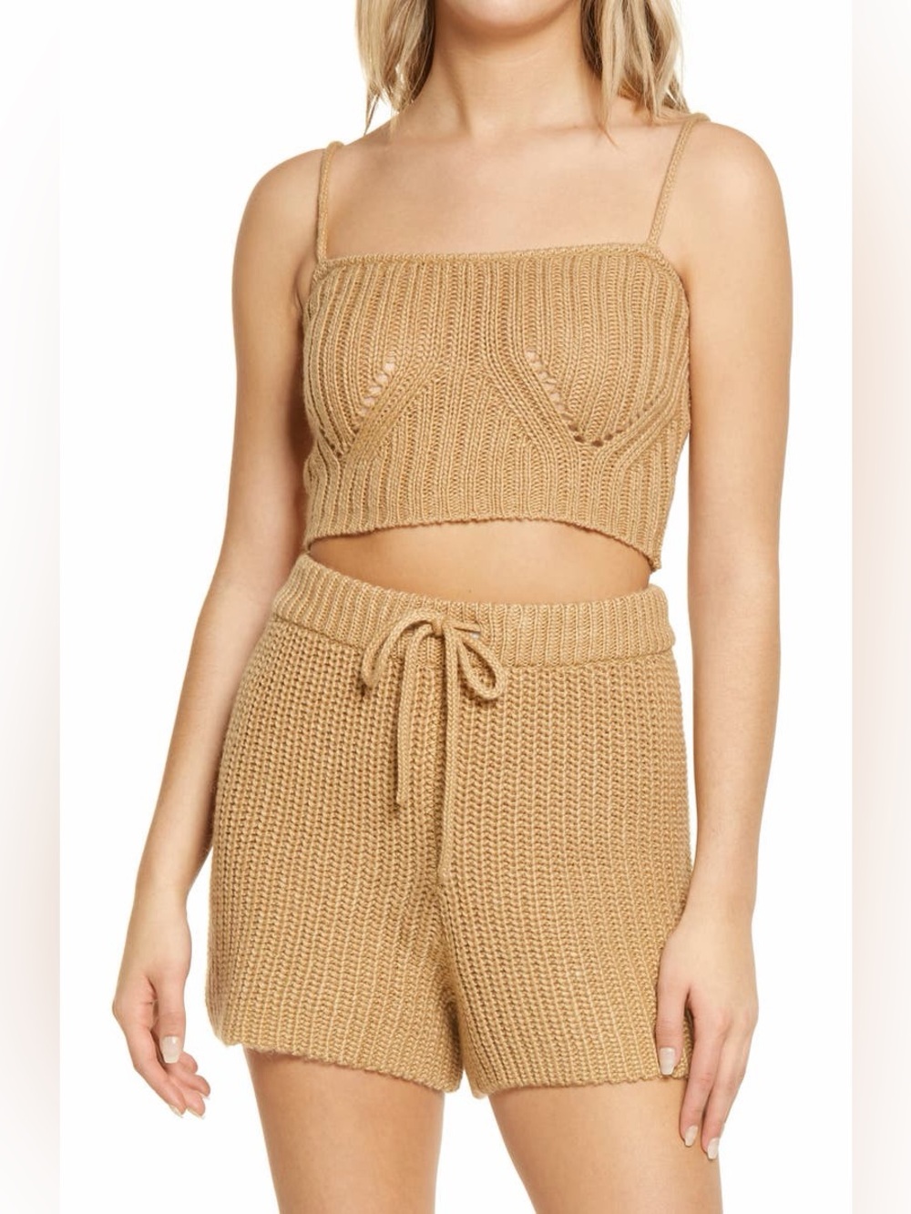 NWOT 4th + Reckless Crochet Knit Crop Tank & Drawstring Shorts Set - Camel Brown